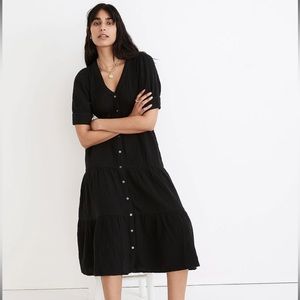 Madewell Lightspun Button-Front Tiered Midi Dress black womens size 2
